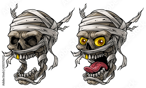Cartoon detailed realistic colorful scary egyptian mummy skulls with yellow eyes, golden tooth and bandage. Isolated on white background. Vector icon set.