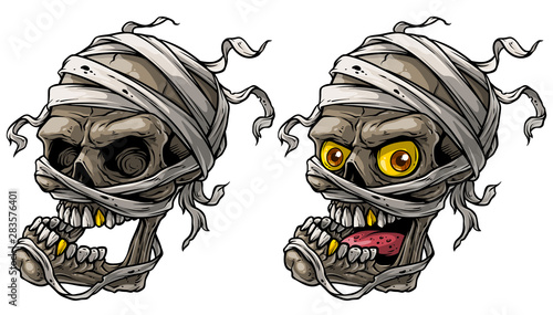 Obraz na płótnie Cartoon detailed realistic colorful scary egyptian mummy skulls with yellow eyes, golden tooth and bandage