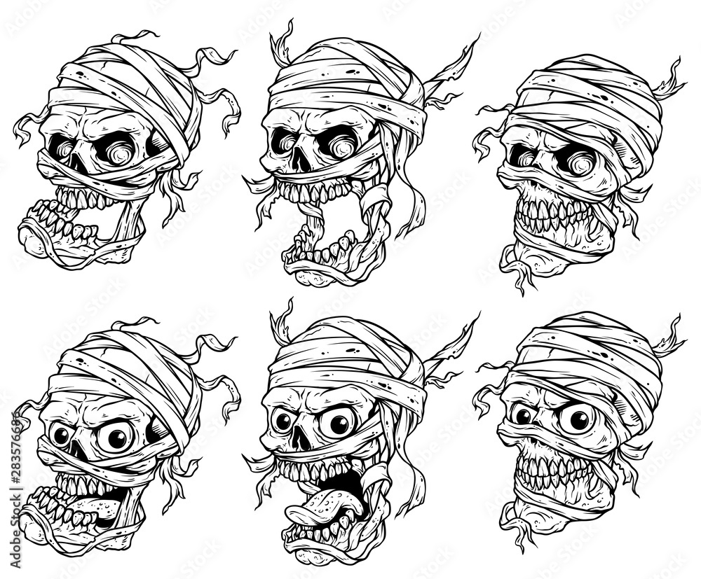 Graphic detailed realistic black and white scary egyptian mummy skulls
