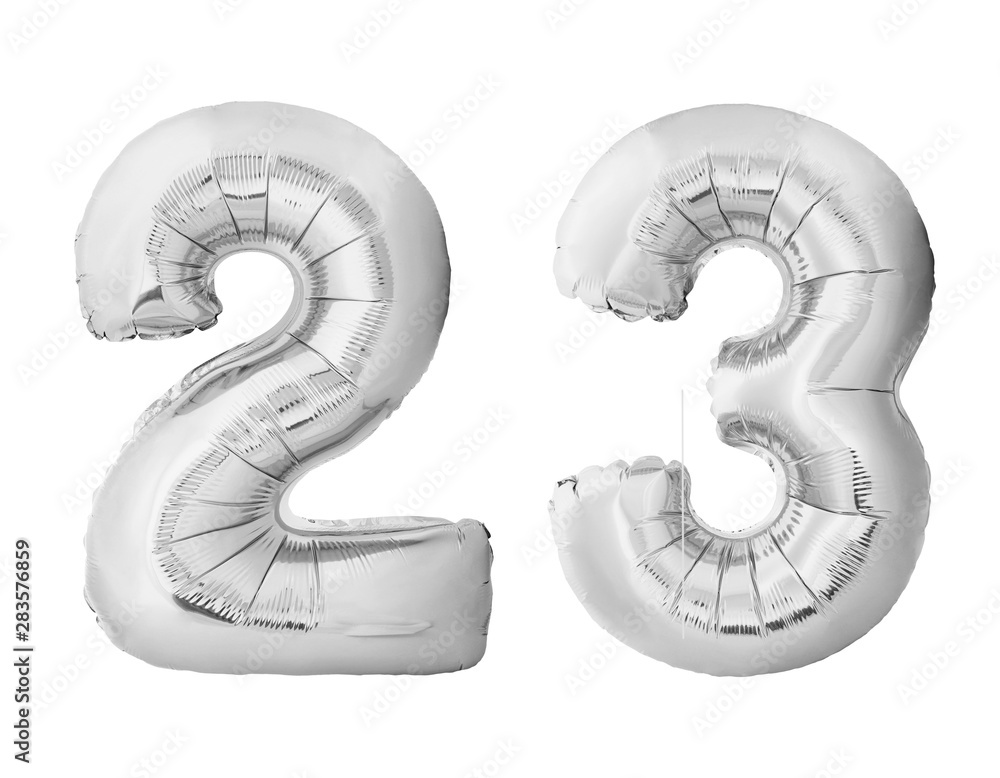 Number 23 twenty three made of silver inflatable balloons isolated on white background. Silver chrome helium balloons forming 23 twenty three number Number 23 twenty three made of silver inflatable balloons isolated on white background. Silver chrome helium balloons forming 23 twenty three number