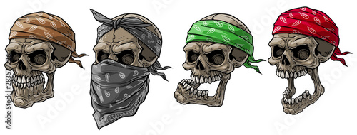 Cartoon detailed realistic colorful scary human biker or rapper skulls with bandana and scarf. Isolated on white background. Vector icon set. photo