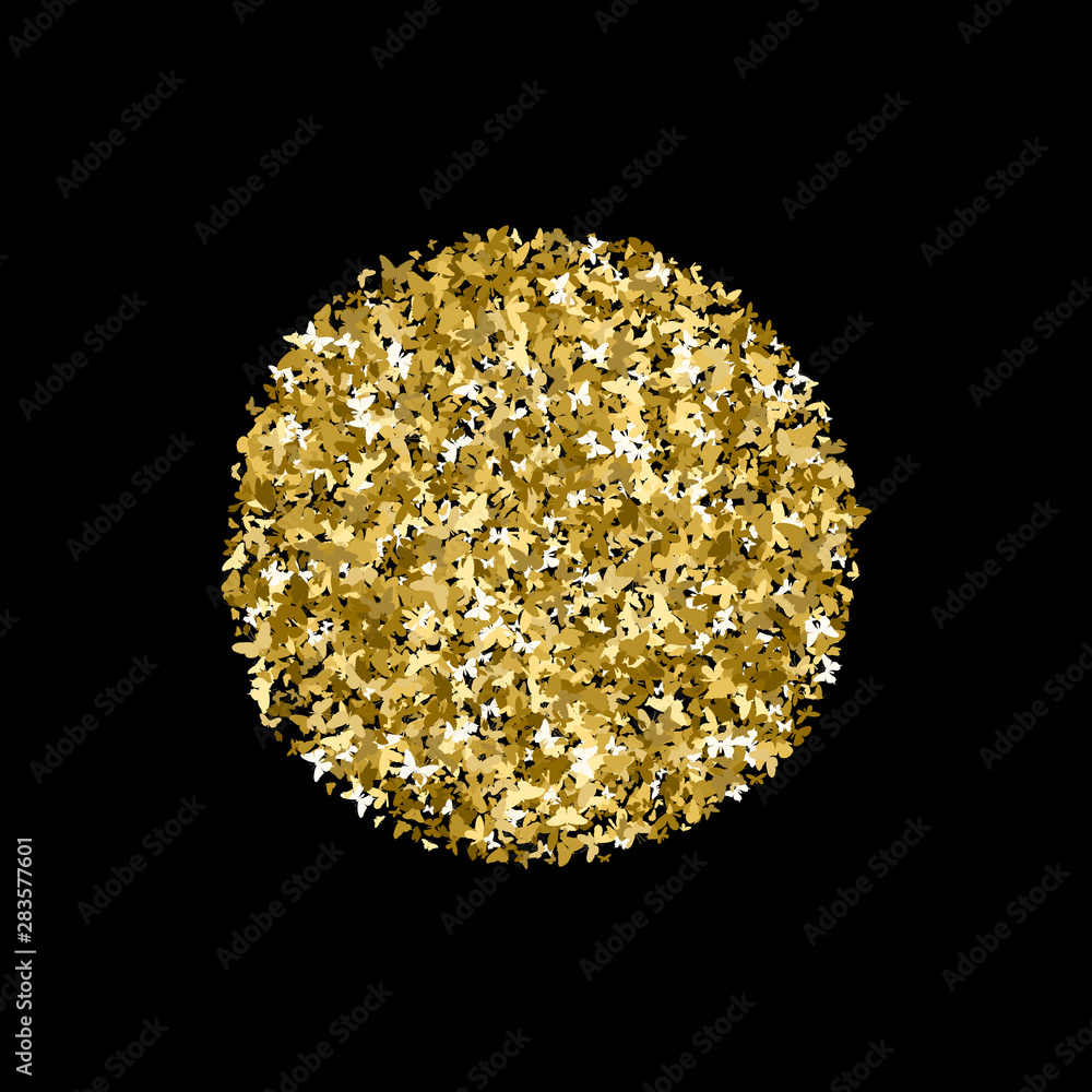 Round of golden glitter butterflies. Beautiful summer yellow gold texture dot on black background. For invitation, fashion, luxury, decorative abstract design elements. Vector illustration. Round of golden glitter butterflies. Beautiful summer yellow gold texture dot on black background. For invitation, fashion, luxury, decorative abstract design elements. Vector illustration.