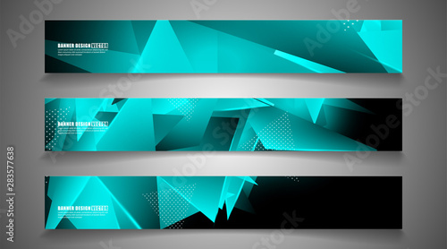 set the triangle background light header banner. Abstract composition of 3D triangles. Modern geometric blue insulated black background