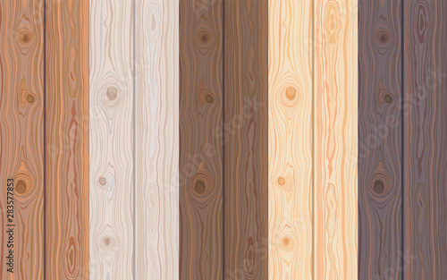 Set of Wooden striped textured background. Brown wooden wall, plank, table or floor surface. Cutting chopping board. Colorful natural boardwalk surface. Vector Illustration.