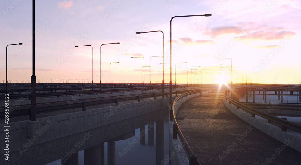 Empty highway, concrete road. 3D illustration. 
