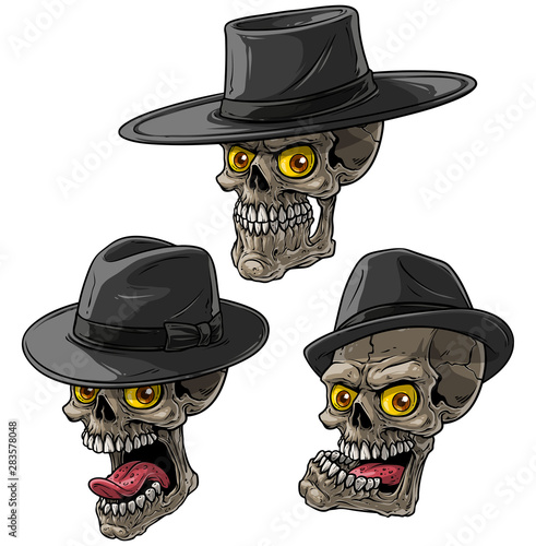 Cartoon detailed realistic colorful scary human bandit mafia skulls with black hat and yellow eyes. Isolated on white background. Vector icon set.