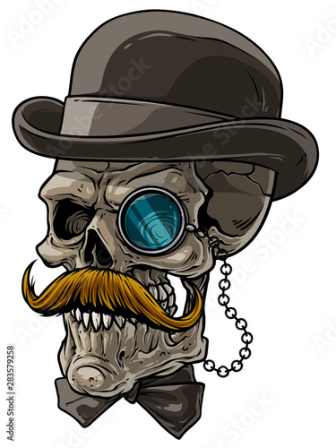 Cartoon detailed realistic colorful scary human gentleman skull with black hat, monocle, bow tie and mustache. Isolated on white background. Vector icon.