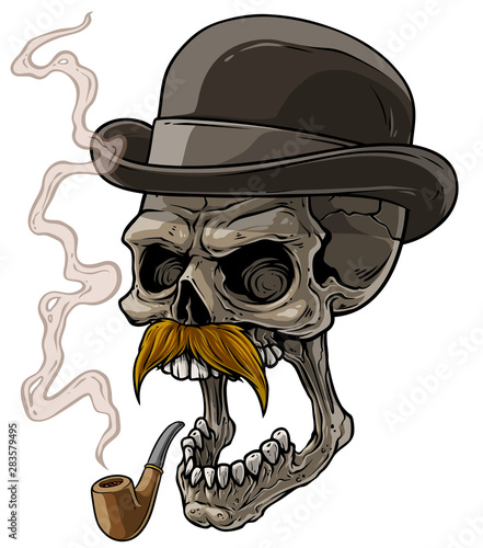 Cartoon detailed realistic colorful scary human gentleman skull with black hat, tobacco pipe and mustache. Isolated on white background. Vector icon.