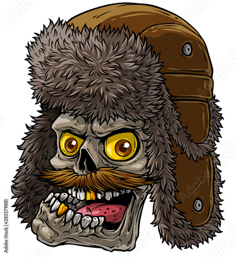 Cartoon detailed realistic colorful scary human skull in brown winter fur hat with ear flaps, mustache and golden teeth. Isolated on white background. Vector icon.