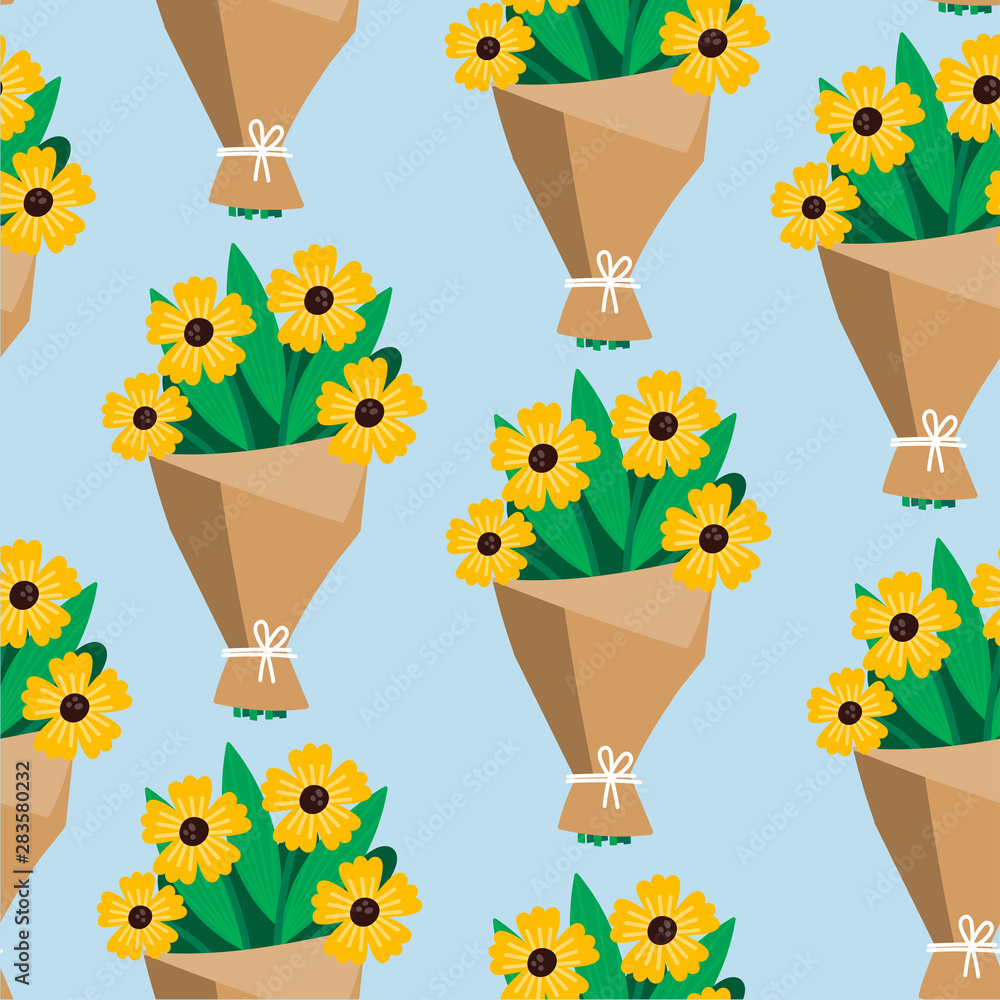 Obraz Hand drawn flower bouquet. Yellow flowers. Kraft paper. Colored trendy vector illustration. Flat design. Paper cut style. Seamless pattern. Blue background
