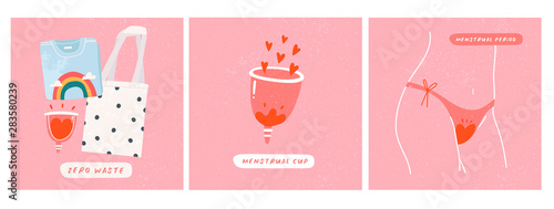 Menstruation theme. Period. Various feminine hygiene products. Zero waste objects. Panties, cups. T-shirt, shopping bag. Hand drawn vector illustrations. Everything is isolated