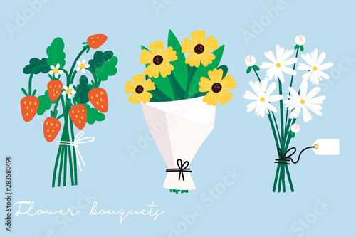 Hand drawn vector set of three various flower and berry bouquets. Camomile, wild strawberries. Colored trendy illustration. Flat design. Paper cut style. All elements are isolated