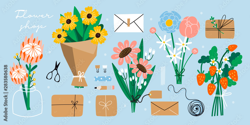 Obraz Flower bouquets, kraft paper, envelopes, boxes, ribbons, and other decor elements. Flat design. Paper cut style. Hand drawn trendy vector set. Pastel colors. All elements are isolated