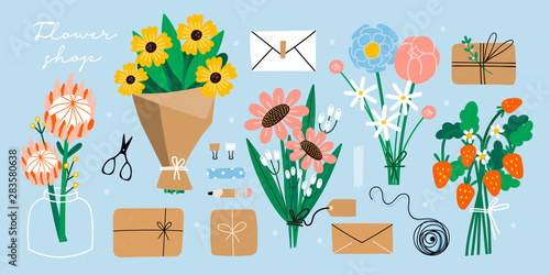 Flower bouquets, kraft paper, envelopes, boxes, ribbons, and other decor elements. Flat design. Paper cut style. Hand drawn trendy vector set. Pastel colors. All elements are isolated