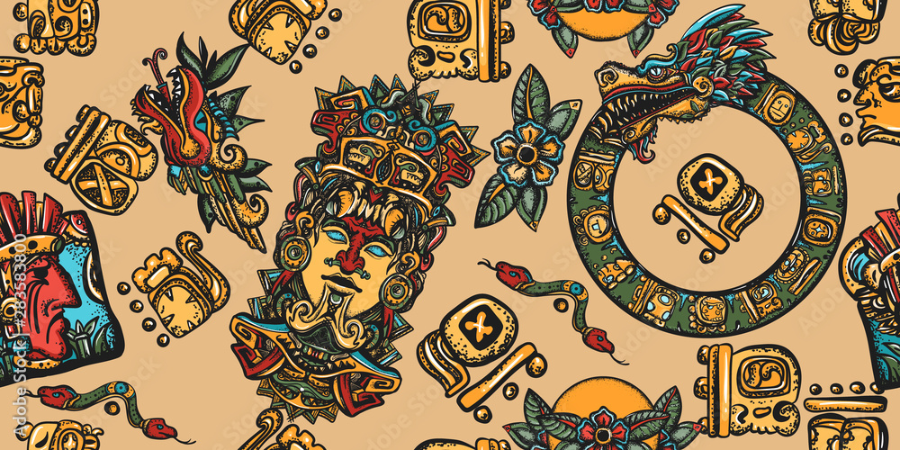 Mayan pattern. Ancient mexican civilization. Aztec, inca background. Golden  glyphs, Kukulkan, totem, dragon, indian. Old school tattoo Stock Vector |  Adobe Stock