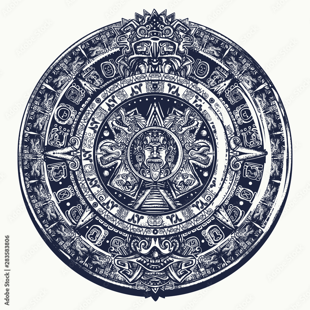 Aztec sun stone. Tattoo and t-shirt design. Mayan calendar. Mexican mesoamerican monolith. Ancient hieroglyph signs and symbols Stock Vector