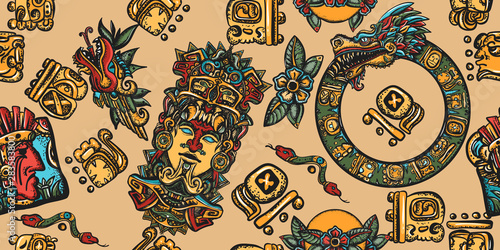 Mayan pattern. Ancient mexican civilization. Aztec, inca background. Golden glyphs, Kukulkan, totem, dragon, indian. Old school tattoo