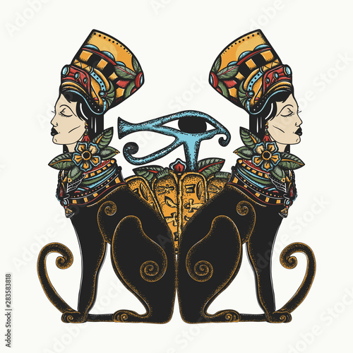 Ancient Egypt. Two black woman cats and sacred eye of god Horus. Queen Nefertiti. Princess Cleopatra. Egyptian art. Goddess. Color tattoo and t-shirt design