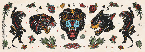 Black panthers. Old school tattoo collection. Wild cats. Traditional tattooing style