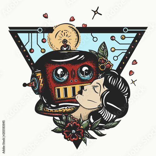Woman and robot. Old school color tattoo style. Sci-fi movie art. Lovers of future. Retro futuristic. Crying cyborg kisses beautiful sleeping girl
