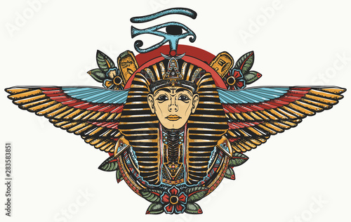 Ancient Egypt. Golden Ppharaoh, Sun eye and wings Horus god. Egyptian great king. Tutankhamen. Color tattoo. Print for t-shirt design