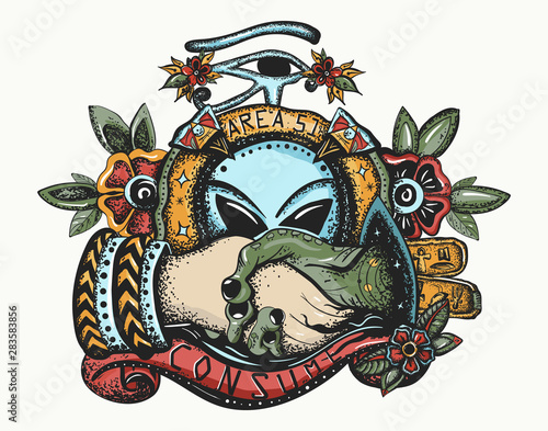Storm area 51. Color tattoo. Paleocontact. Aliens and people. First contact UFO, conspiracy theory