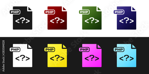 Set PHP file document. Download php button icon isolated on black and white background. PHP file symbol. Vector Illustration