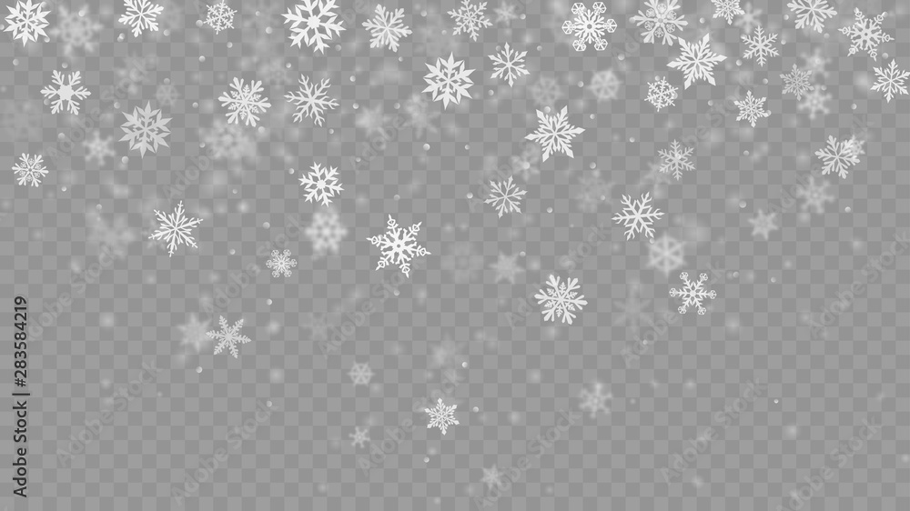 Christmas blurred illustration of complex defocused big and small falling snowflakes in white and gray colors with bokeh effect on transparent background - obrazy, fototapety, plakaty 