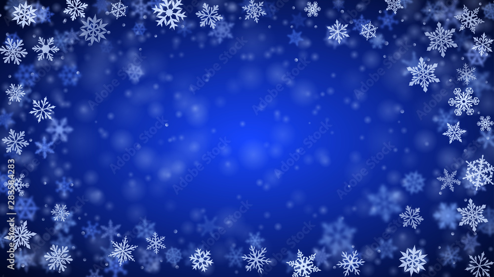 Christmas background of complex blurred and clear falling snowflakes in blue colors with bokeh effect Christmas background of complex blurred and clear falling snowflakes in blue colors with bokeh effect