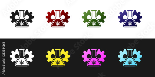 Set Chemical test tube with marijuana or cannabis leaf icon isolated on black and white background. Research concept. Laboratory CBD oil concept. Vector Illustration