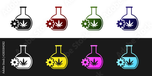 Set Chemical test tube with marijuana or cannabis leaf icon isolated on black and white background. Research concept. Laboratory CBD oil concept. Vector Illustration