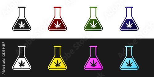 Set Chemical test tube with marijuana or cannabis leaf icon isolated on black and white background. Research concept. Laboratory CBD oil concept. Vector Illustration