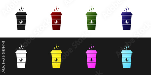 Set Cup coffee with marijuana or cannabis leaf icon isolated on black and white background. Marijuana legalization. Hemp symbol. Vector Illustration
