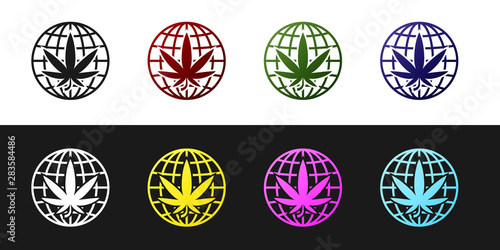 Set Legalize marijuana or cannabis globe symbol icon isolated on black and white background. Hemp symbol. Vector Illustration