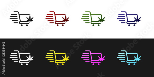 Set Shopping cart with marijuana or cannabis leaf icon isolated on black and white background. Online buying. Delivery service. Supermarket basket. Vector Illustration