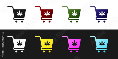 Set Shopping cart with marijuana or cannabis leaf icon isolated on black and white background. Online buying. Delivery service. Supermarket basket. Vector Illustration
