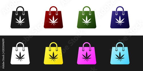 Set Shopping paper bag of medical marijuana or cannabis leaf icon isolated on black and white background. Buying cannabis. Hemp symbol. Vector Illustration