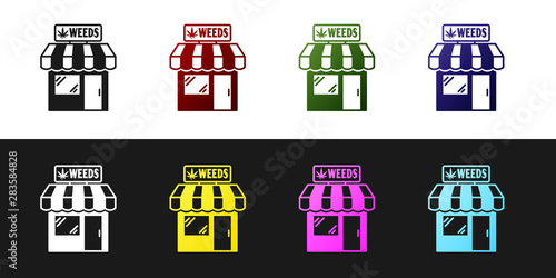 Set Marijuana and cannabis store icon isolated on black and white background. Equipment and accessories for smoking, storing medical cannabis. Vector Illustration