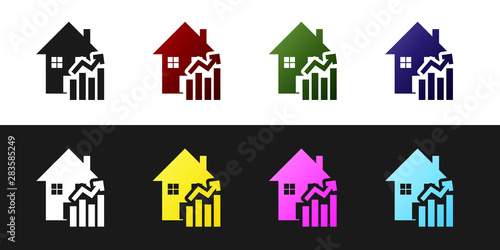 Set Rising cost of housing icon isolated on black and white background. Rising price of real estate. Residential graph increases. Vector Illustration