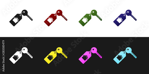 Set House with key icon isolated on black and white background. The concept of the house turnkey. Vector Illustration