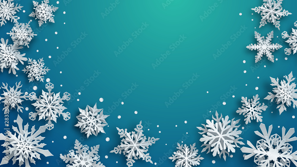 Christmas illustration of white complex paper snowflakes with soft shadows on turquoise background Christmas illustration of white complex paper snowflakes with soft shadows on turquoise background