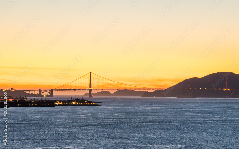 Panoramic beautiful scenic view of the Golden Gate Bridge at dusk, San Francisco, California