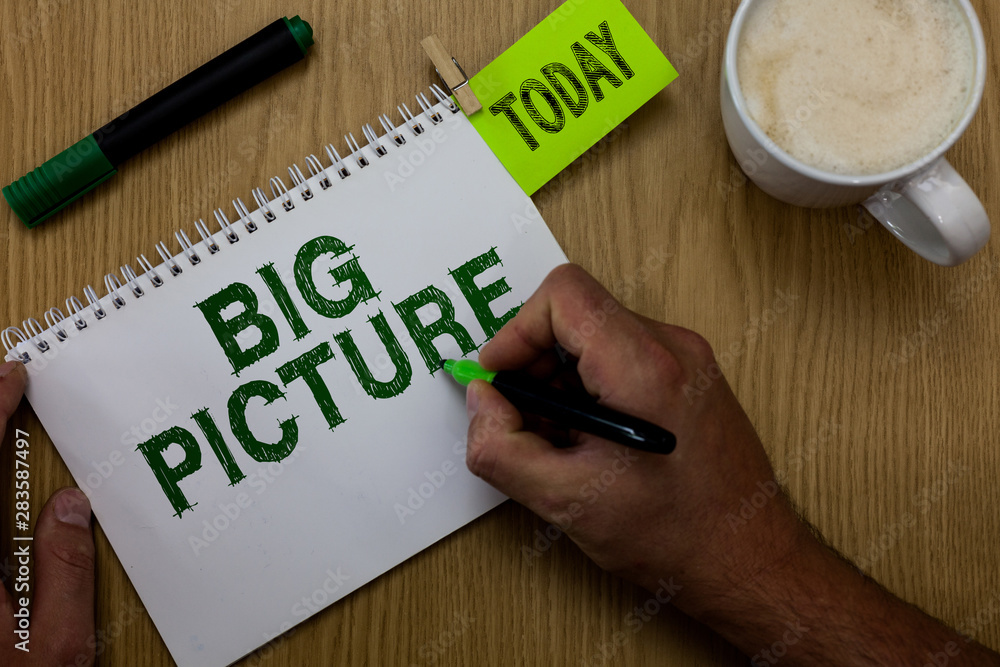 Conceptual hand writing showing Big Picture. Business photo showcasing most important facts about certain situation and its effects Man holding marker notebook reminder wooden table cup coffee Conceptual hand writing showing Big Picture. Business photo showcasing most important facts about certain situation and its effects Man holding marker notebook reminder wooden table cup coffee