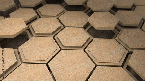3D illustration of many wooden hexagons  honeycombs are located in different positions. Background abstract image for the desktop  geometric composition of wooden products. 3D rendering