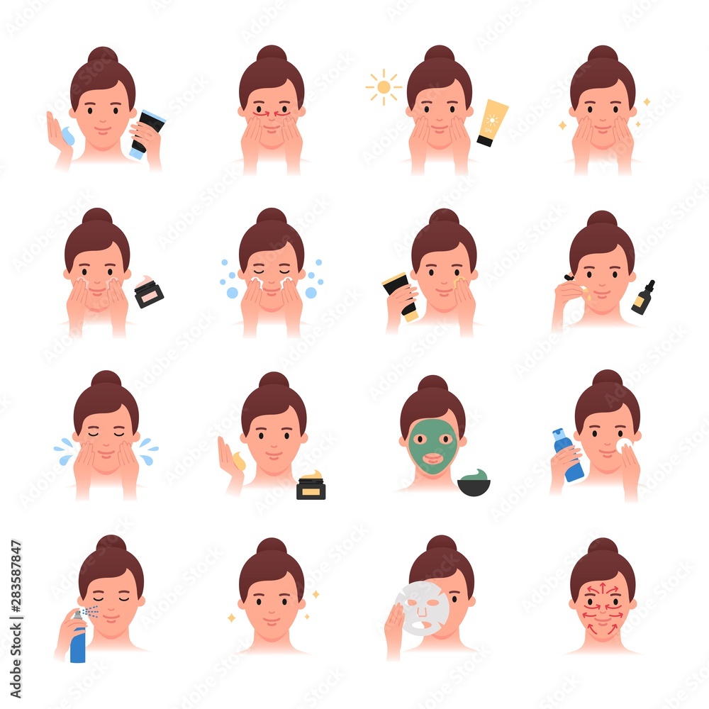 Daily skin care, beauty treatment vector icons set, flat style Daily skin care, beauty treatment vector icons set, flat style