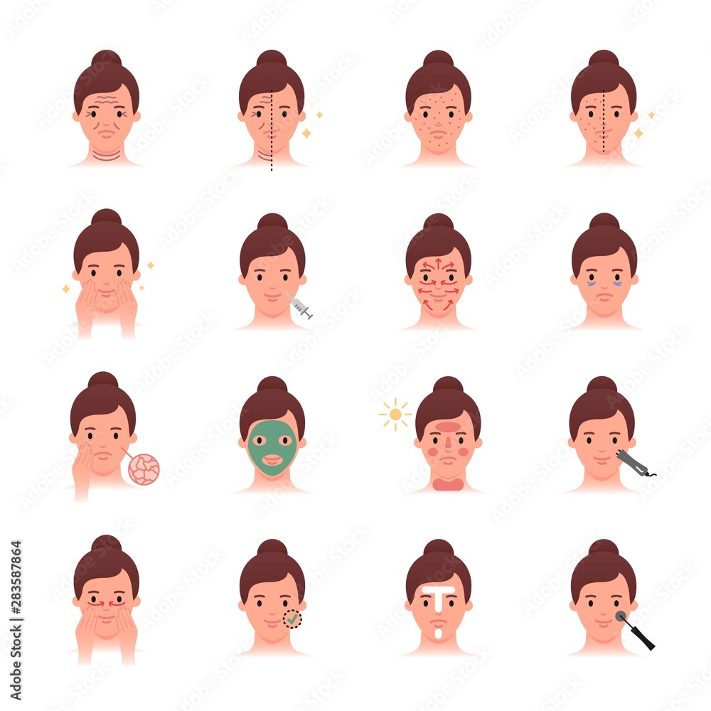Skin care and problems, beauty treatment vector icons set, flat style Skin care and problems, beauty treatment vector icons set, flat style
