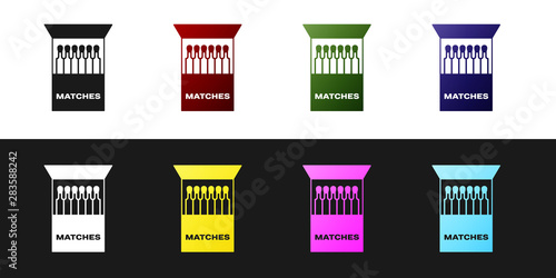Set Open matchbox and matches icon isolated on black and white background. Vector Illustration