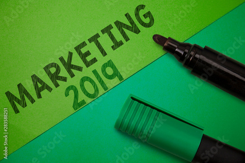 Conceptual hand writing showing Marketing 2019. Business photo showcasing Commercial trends for 2019 New Year promotional event.