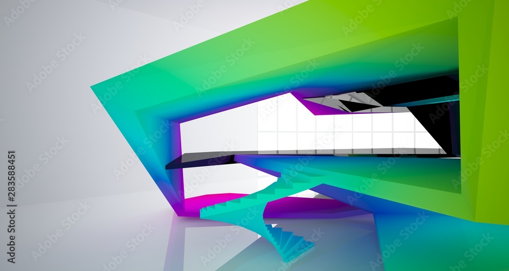 Abstract architectural white interior with color gradient and black of a minimalist house with large windows.. 3D illustration and rendering.