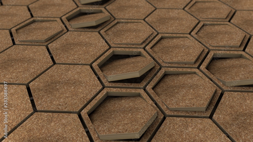 3D rendering of dozens of wooden hexagons in wooden frames. Geometric shapes are placed in different positions. Abstract desktop background, geometric style background image. 3D rendering of dozens of wooden hexagons in wooden frames. Geometric shapes are placed in different positions. Abstract desktop background, geometric style background image.